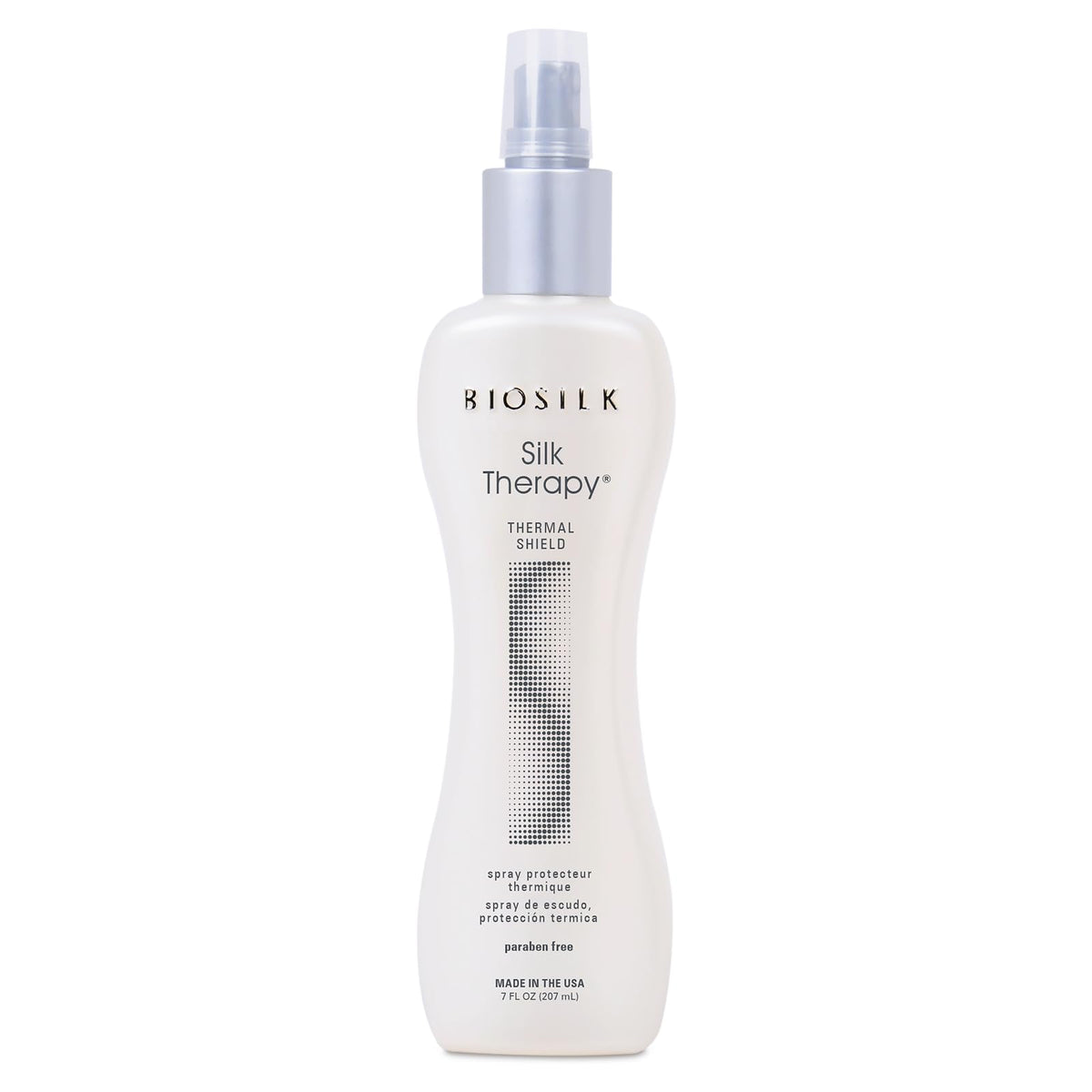 BioSilk Silk Therapy Thermal Shield spray bottle provides heat protection and shine.