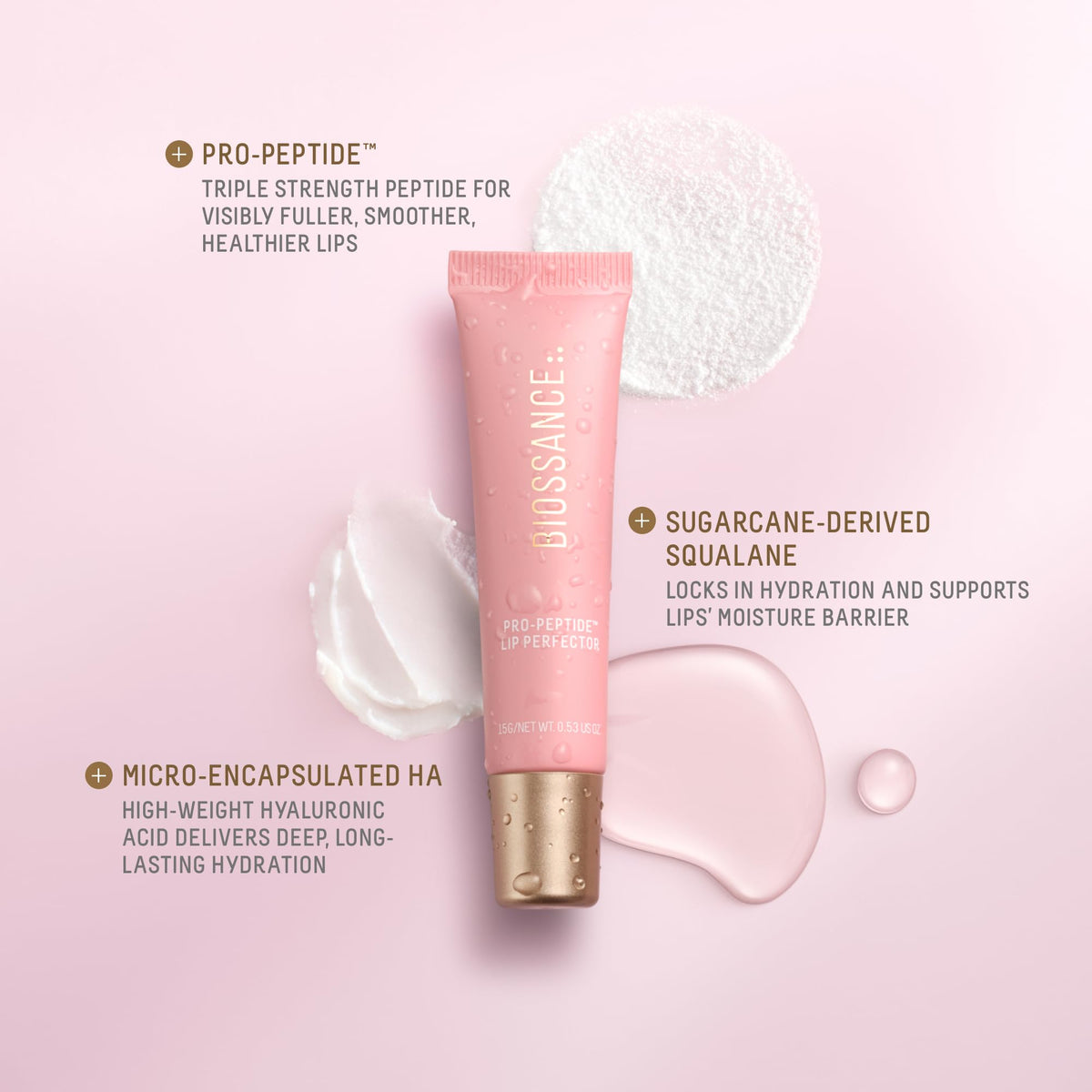 BIOSSANCE Pro-Peptide Lip Perfector vanilla-scent provides a soft, uplifting aroma during application.