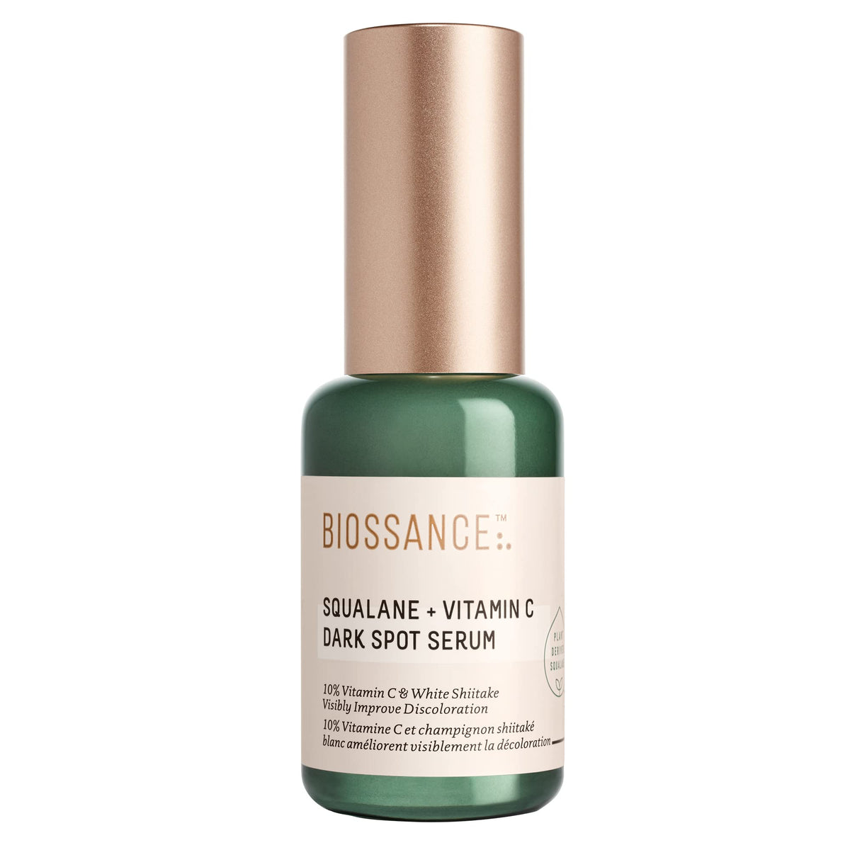 BIOSSANCE Squalane + Vitamin C Dark Spot Serum bottle with pump for daily use.