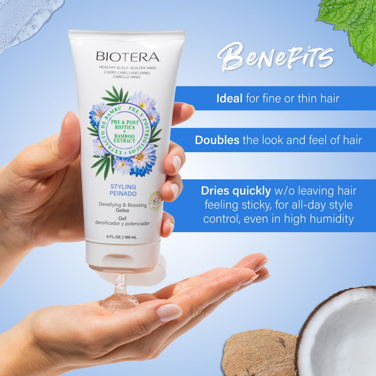 Hair application scene with Biotera Gelee for quick lift and smooth, controllable finish.