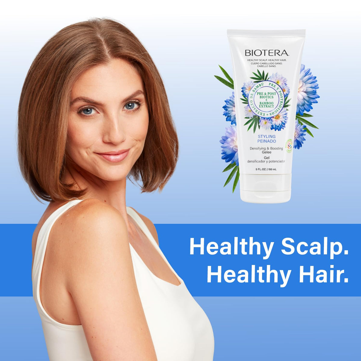 Texture swatch of Biotera Gelee showing non-sticky feel and easy application for thin hair.