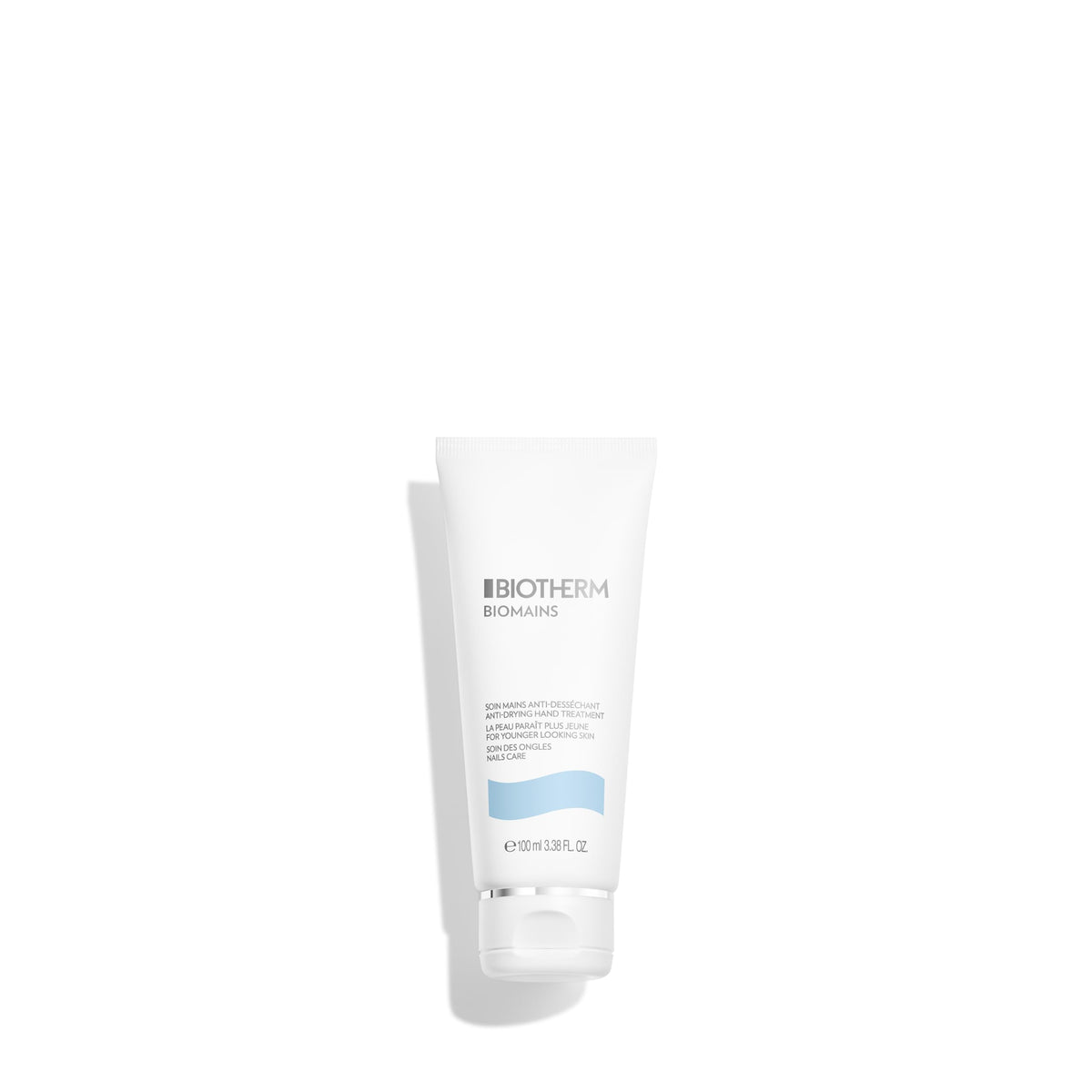 Biotherm Biomains Hand Cream tube close-up showing hydrating formula for smoother hands.