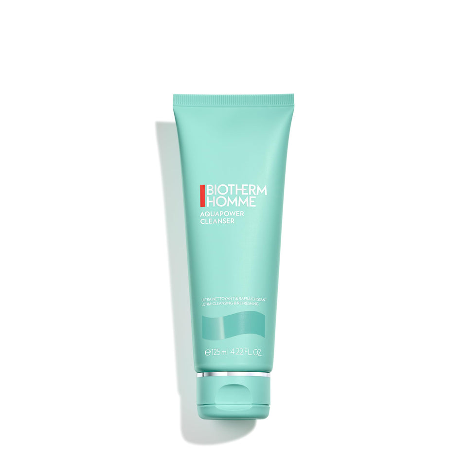 Biotherm Homme Aquapower cleanser bottle with pour shows easy daily use and refreshing results