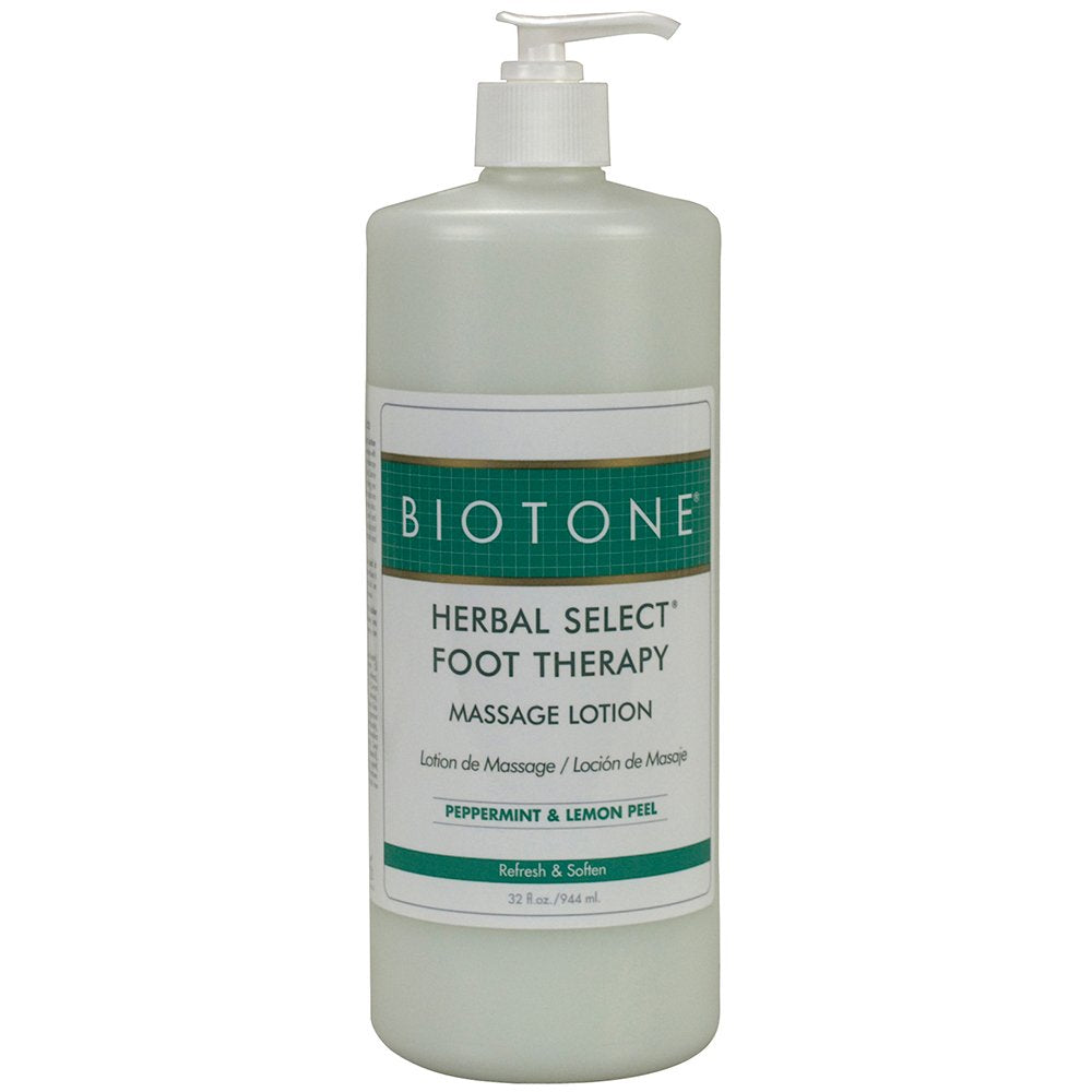 Biotone Herbal Foot Massage Lotion bottle showing a cooling, non-greasy formula for foot care