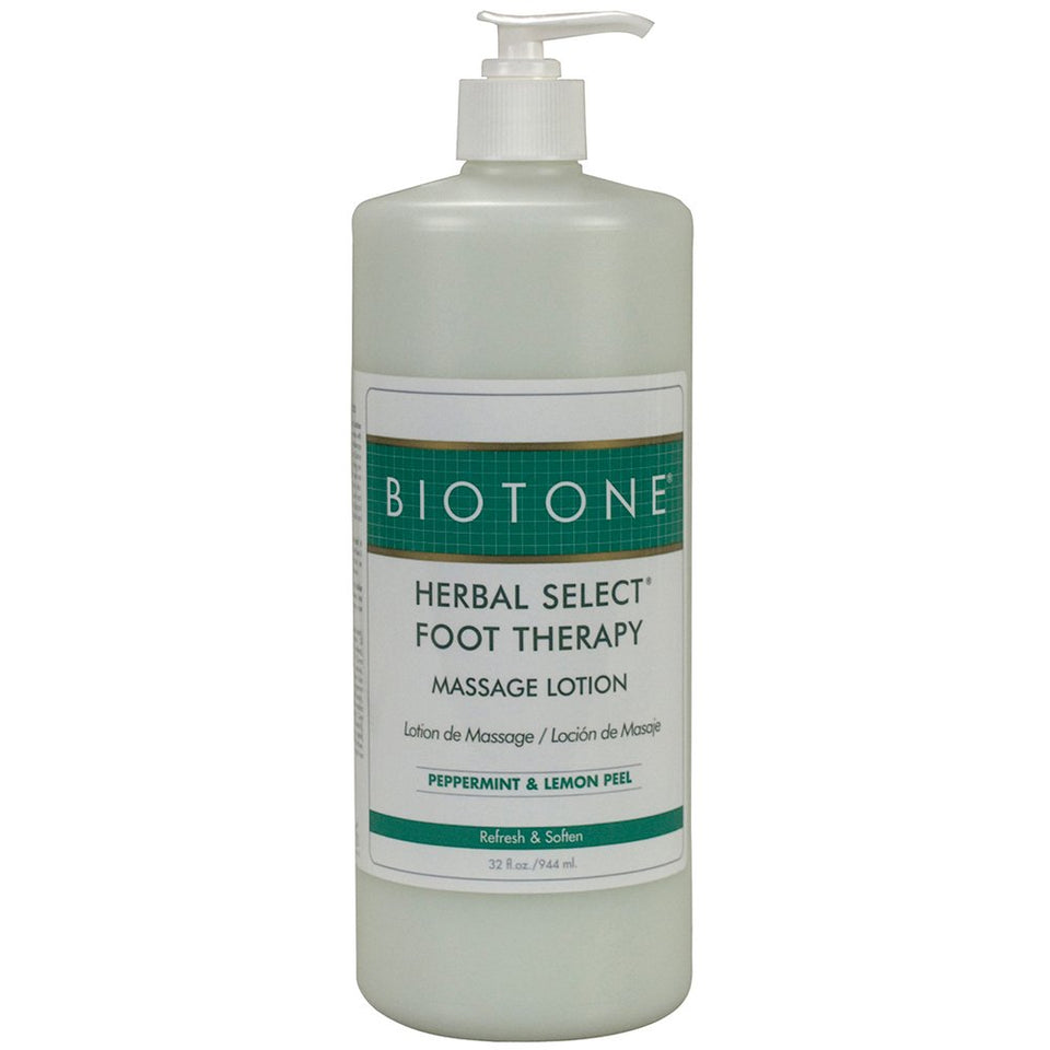 Biotone Herbal Foot Massage Lotion bottle showing a cooling, non-greasy formula for foot care