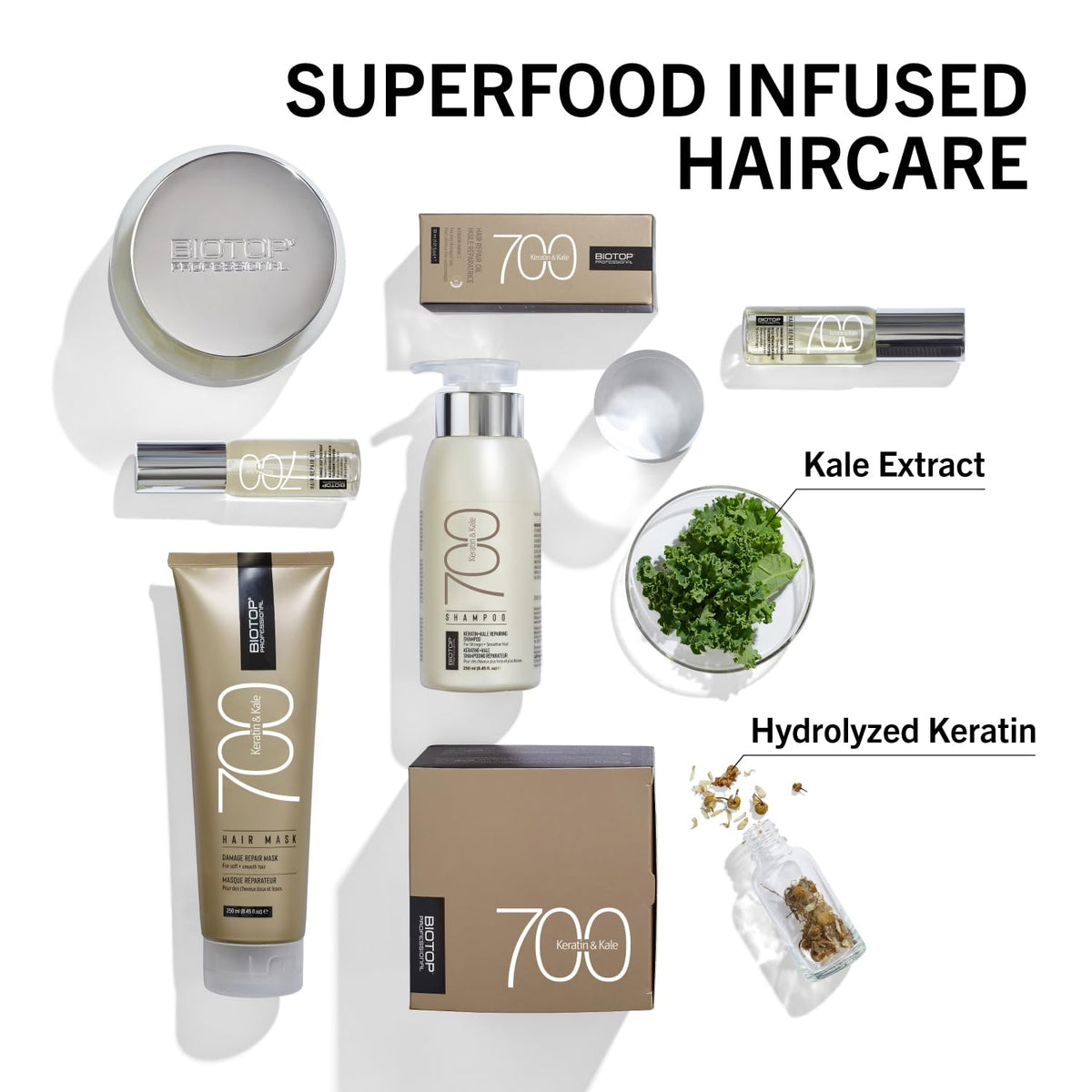 Biotop Professional 700 Keratin + Kale hair closeup highlights keratin benefits and shine