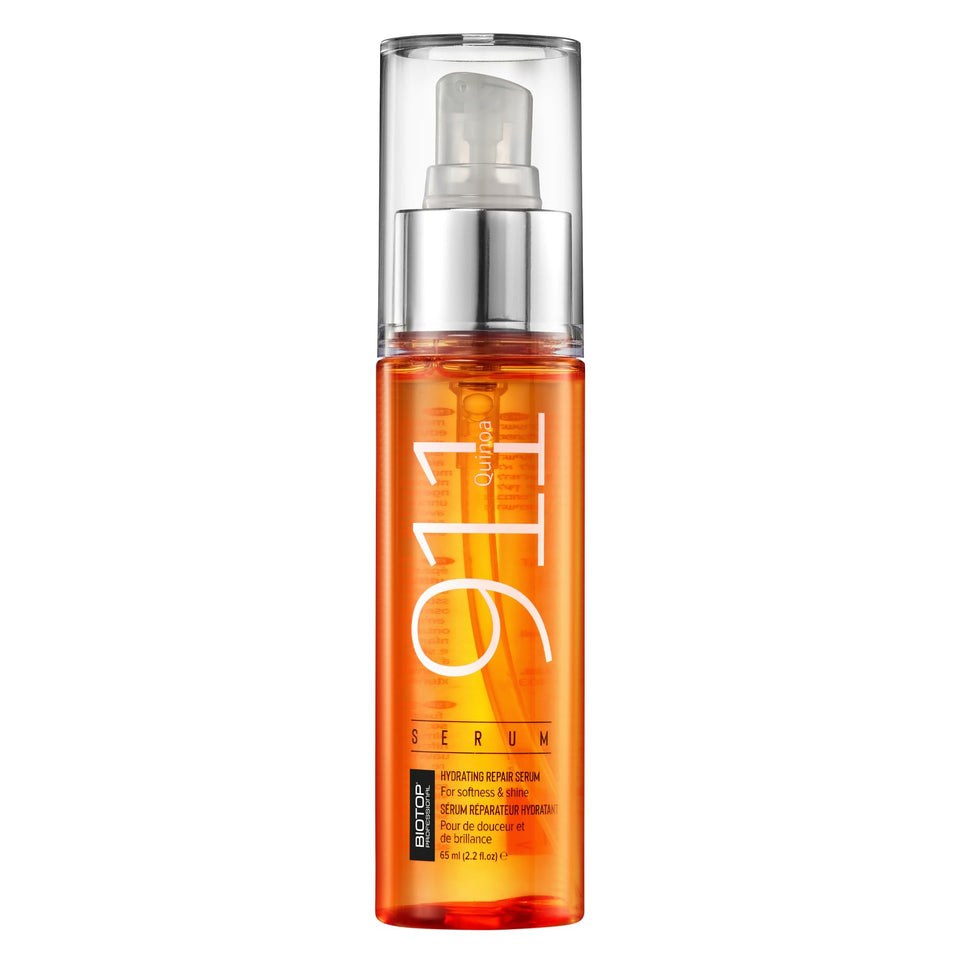 Biotop Professional 911 Quinoa Serum bottle showing frizz control and shine benefits