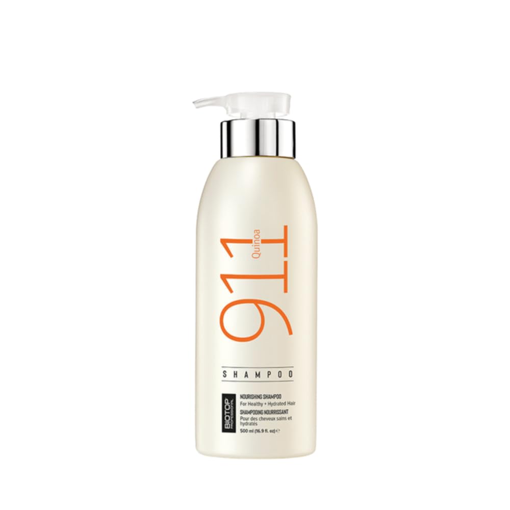 Biotop Professional 911 Quinoa Shampoo bottle pour demonstrates gentle cleansing for all hair types.