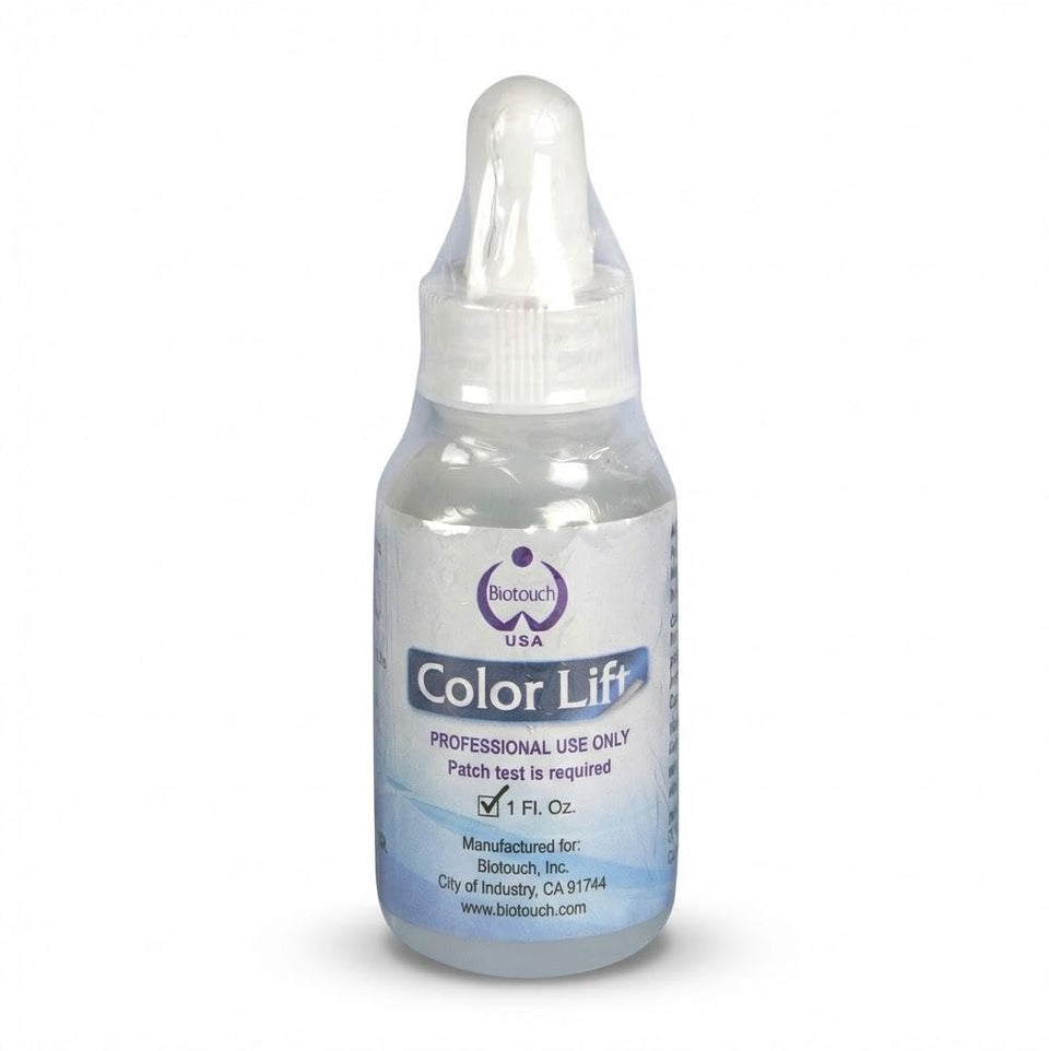 Biotouch COLOR LIFT bottle demonstrating targeted pigment removal for eyebrow correction