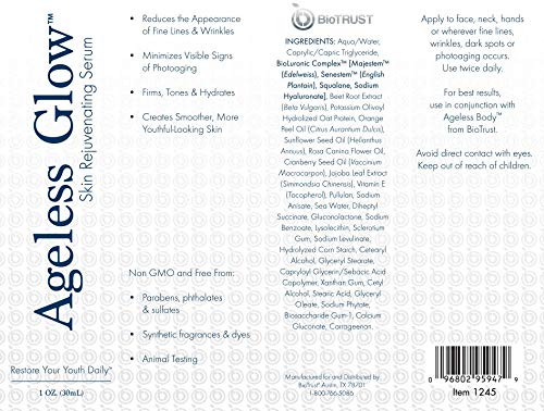 BioTrust Ageless Glow packaging front presenting plant-based serum for brighter-looking skin