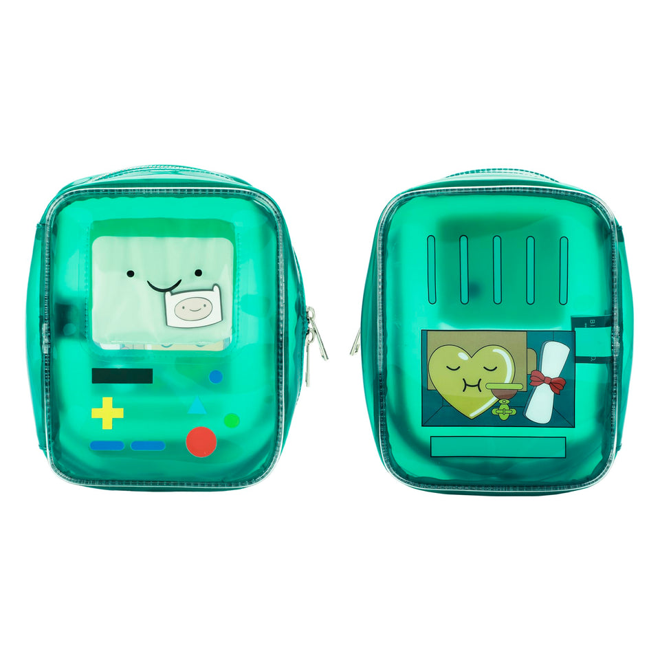 Bioworld Adventure Time BMO cosmetic bag front view for stylish daily storage.
