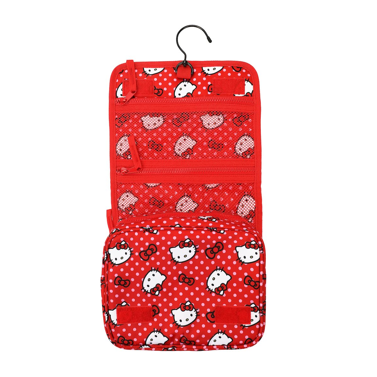 Bioworld Hello Kitty front view toiletry kit with bow motifs for travel
