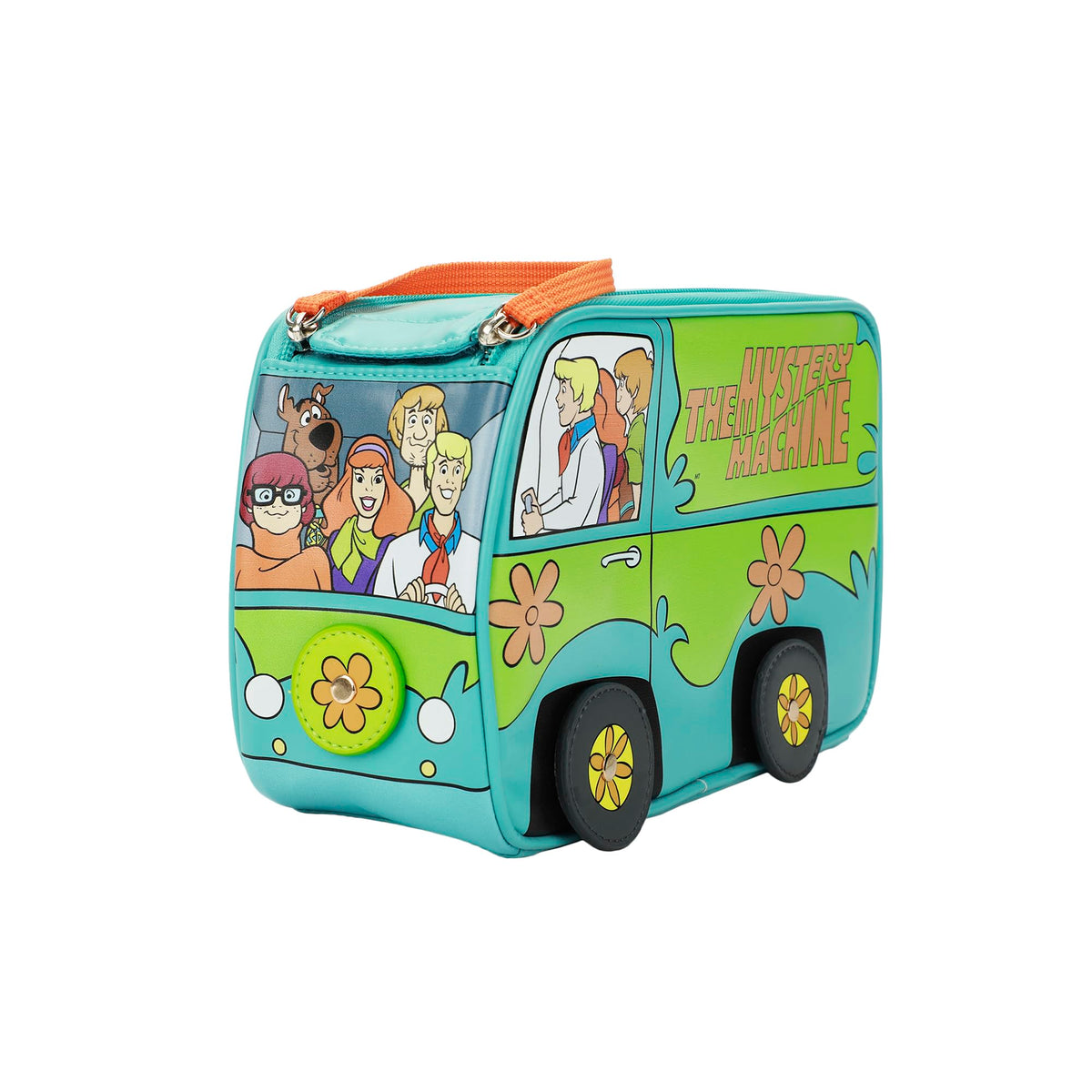 Bioworld Scooby-Doo Mystery Machine cosmetic bag side shot highlighting wheel appliques for nostalgia lovers