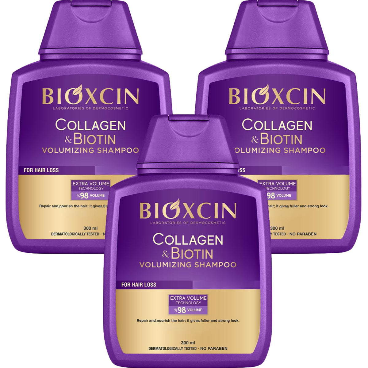 BIOXCIN Collagen Biotin Shampoo packaging highlighting daily use for fuller hair.