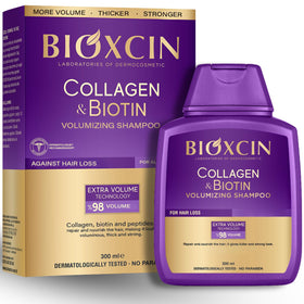 BIOXCIN Collagen Biotin Volumizing Shampoo bottle delivering fuller, shinier hair.