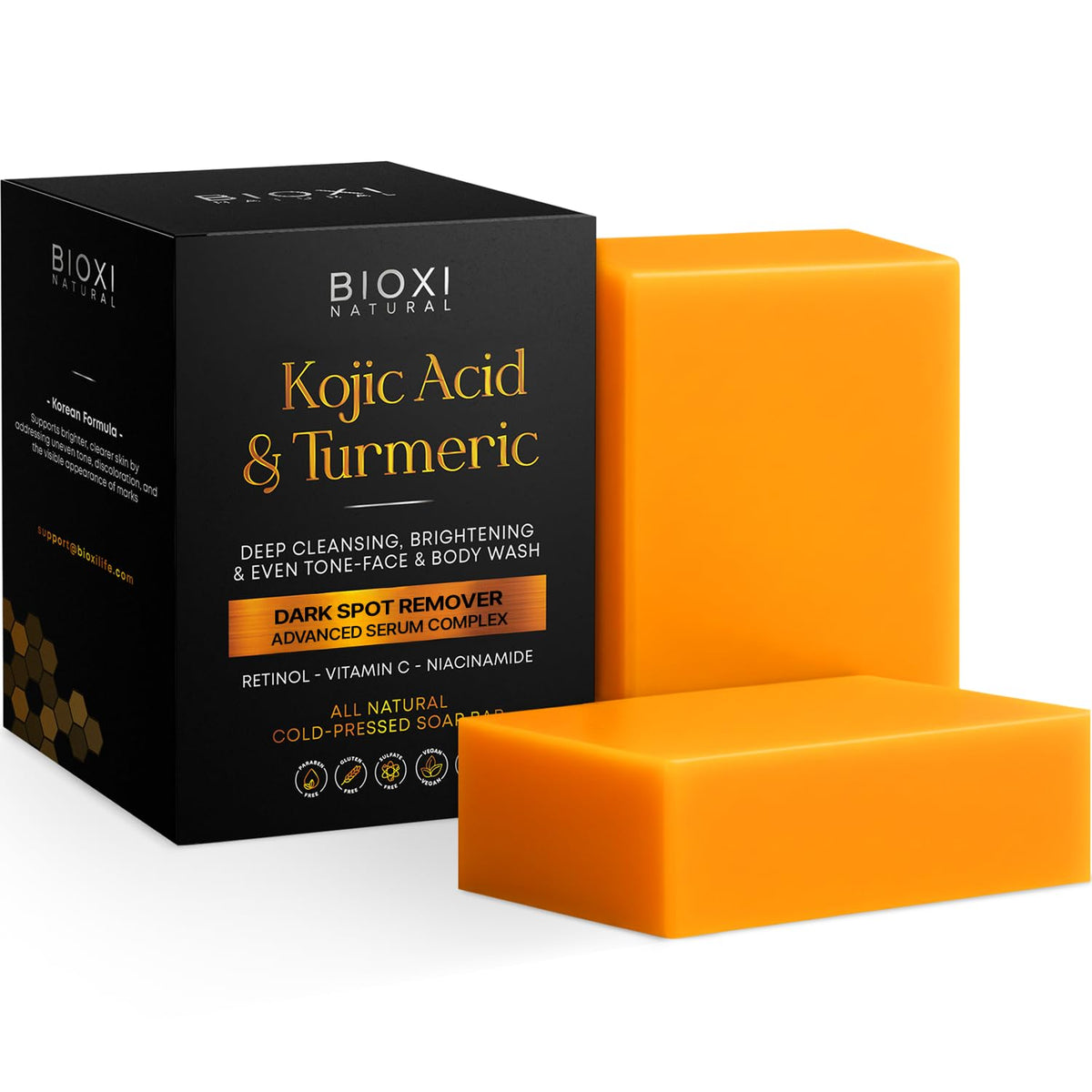 BIOXI Kojic Acid and Turmeric Soap Bar bottle close-up showing brightening action