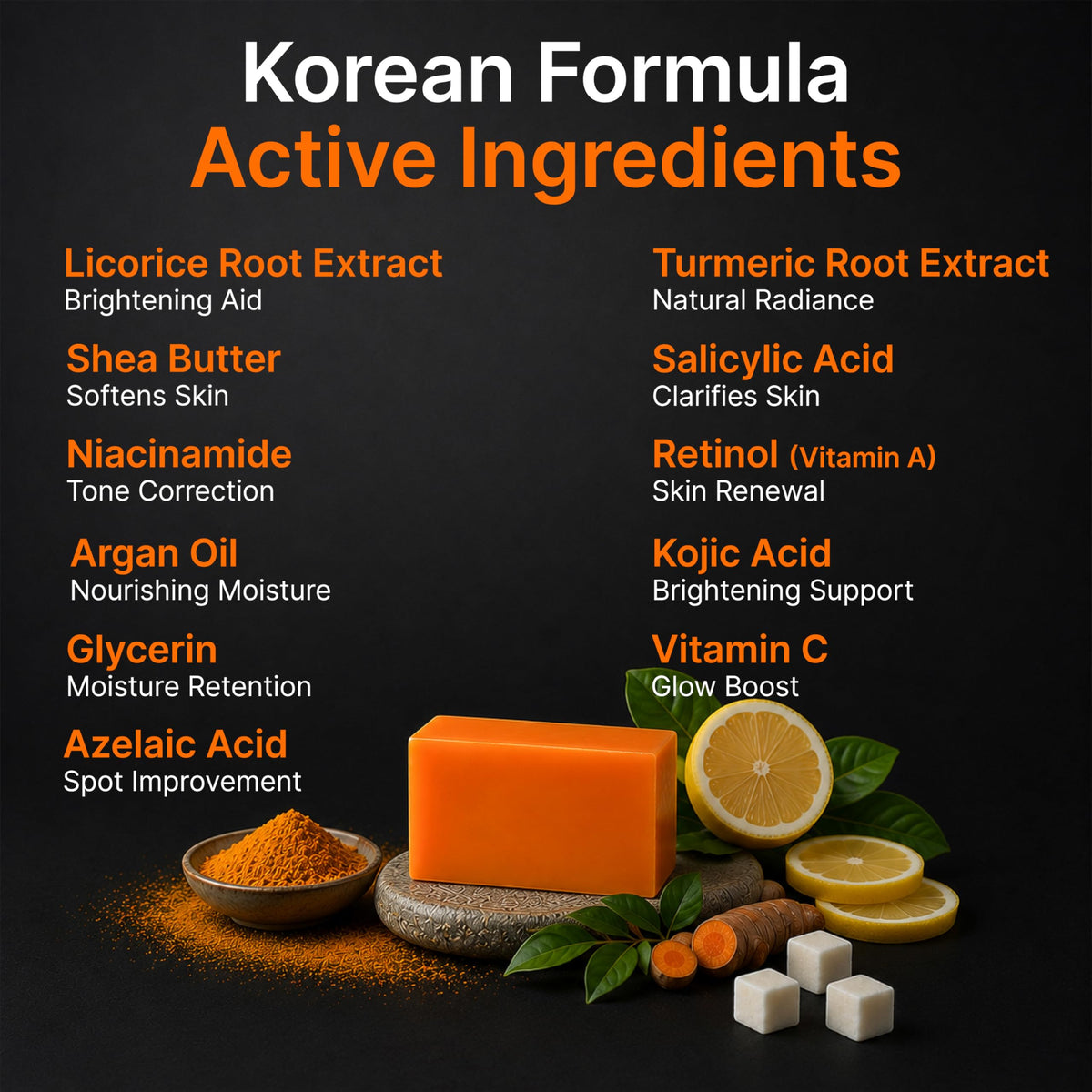 BIOXI Kojic Acid and Turmeric Soap Bar ingredient close-up highlighting turmeric and kojic