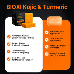 BIOXI Kojic Acid and Turmeric Soap Bar on shelf for a more even tone