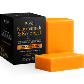 BIOXI niacinamide kojic soap bar targets dark spots for even tone.