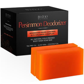 BIOXI Persimmon and Tea Tree deodorizer soap bar front view promoting odor control and balance