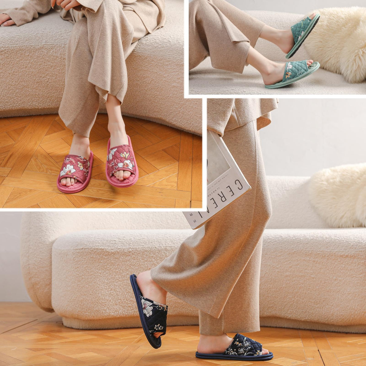 Biroris floral cotton slippers set of three with silk pouches for travel
