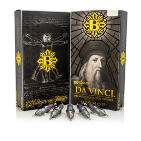 Packaging box open with neatly arranged Da Vinci V2 cartridges.