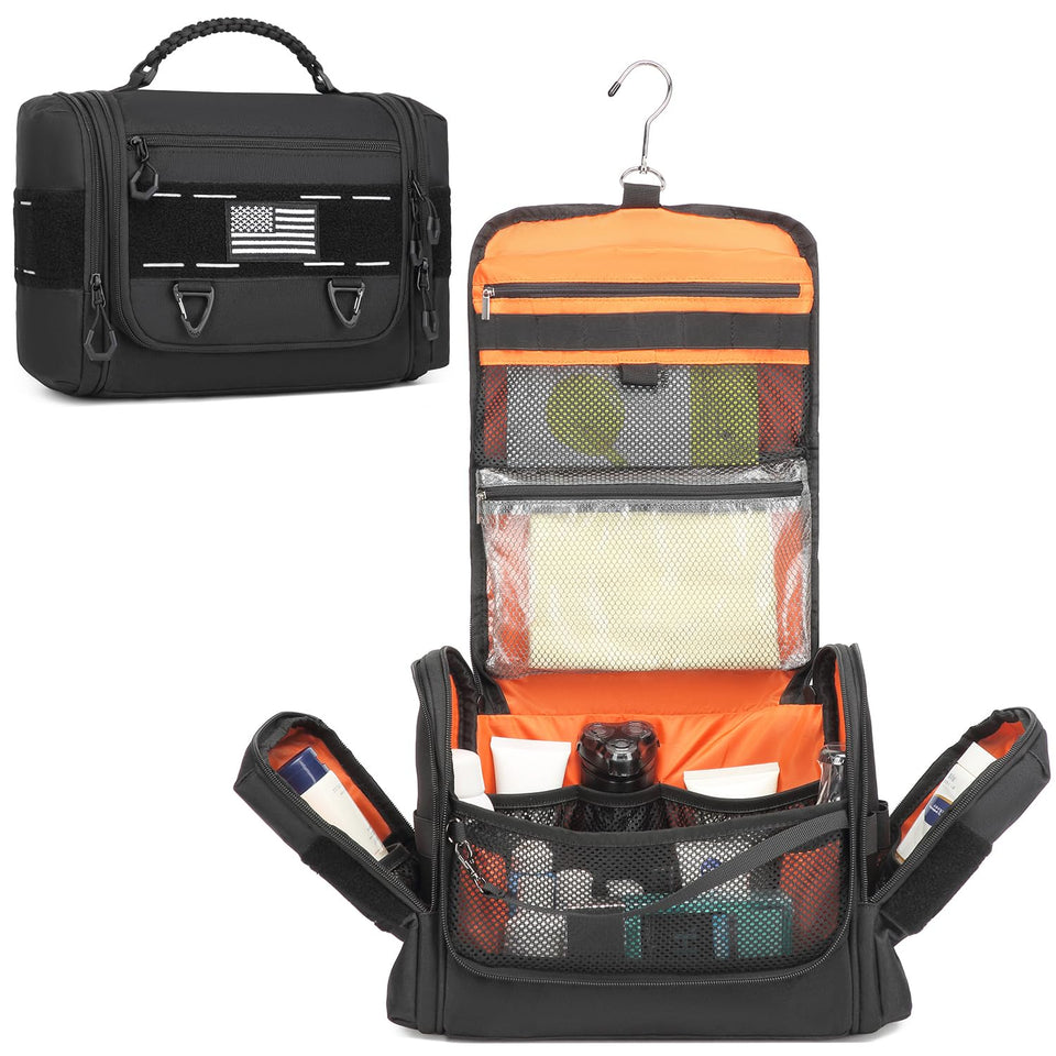 BISKLNDN tactical toiletry bag with a 360° hook for easy hanging in bathrooms.