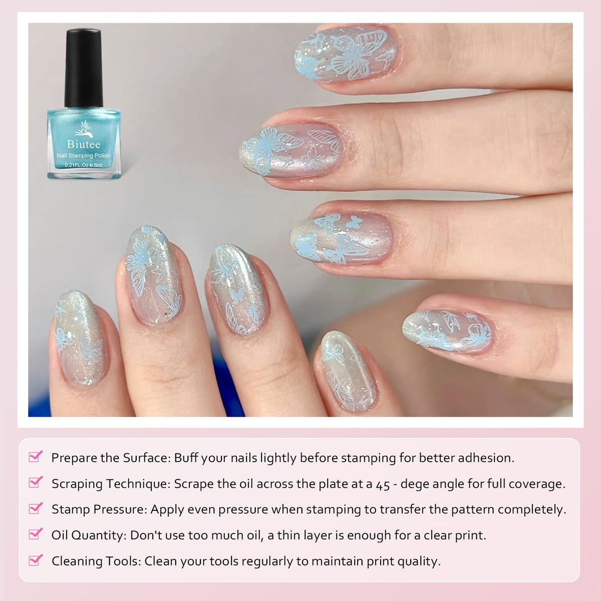 Biutee stamping polish on base and transfer for easy usage.