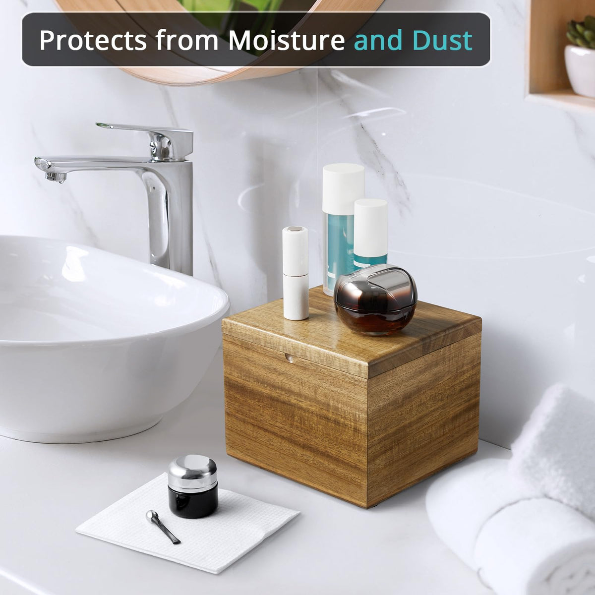 Dustproof lid on Bivvclaz acacia wood towel holder keeps towels dry.