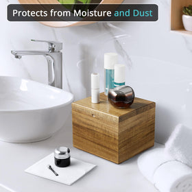 Dustproof lid on Bivvclaz acacia wood towel holder keeps towels dry.