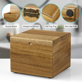 Vanity display featuring Bivvclaz acacia wood towel box enhances decor.
