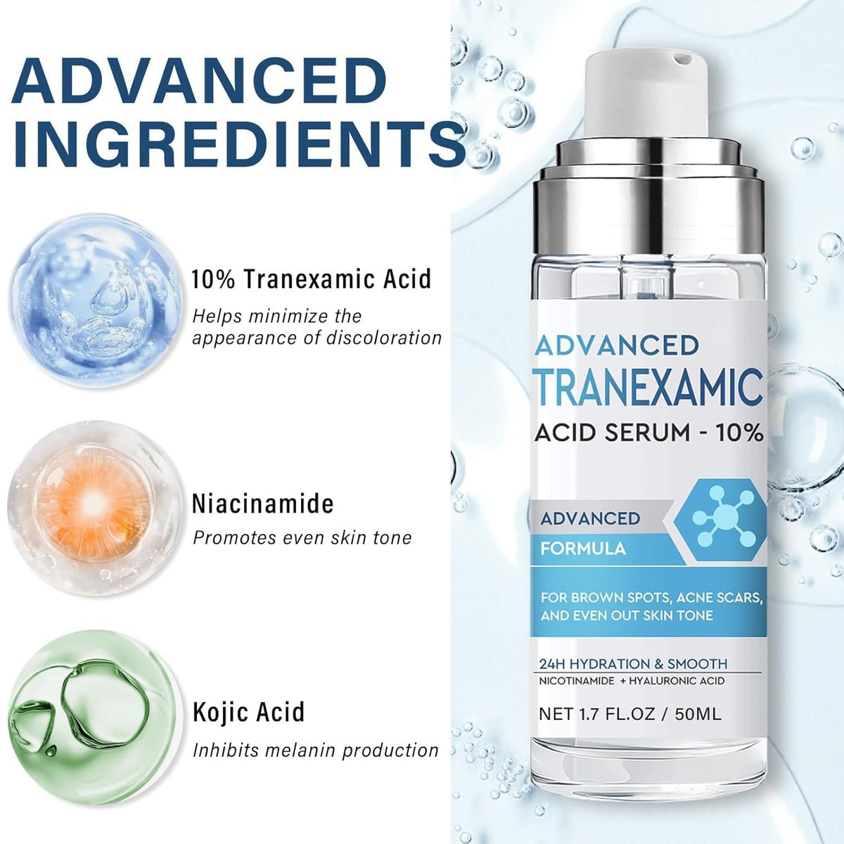 Bizzico Tranexamic Acid Serum with Hyaluronic Acid label emphasizes hydration
