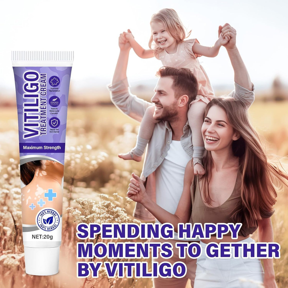 Bizzico Vitiligo Cream tube closeup highlights smooth texture for even skin tone.