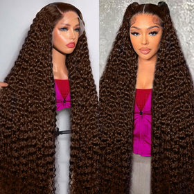 BJVT 30 inch chocolate brown deep wave lace front wig with natural fall and volume