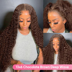 BJVT glueless cap deep wave wig with four-clip attachment in chocolate brown