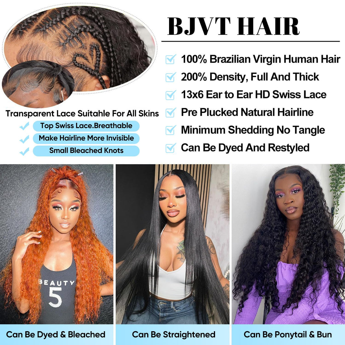 BJVT 34 inch HD lace front wig with Swiss lace for an undetectable hairline effect.
