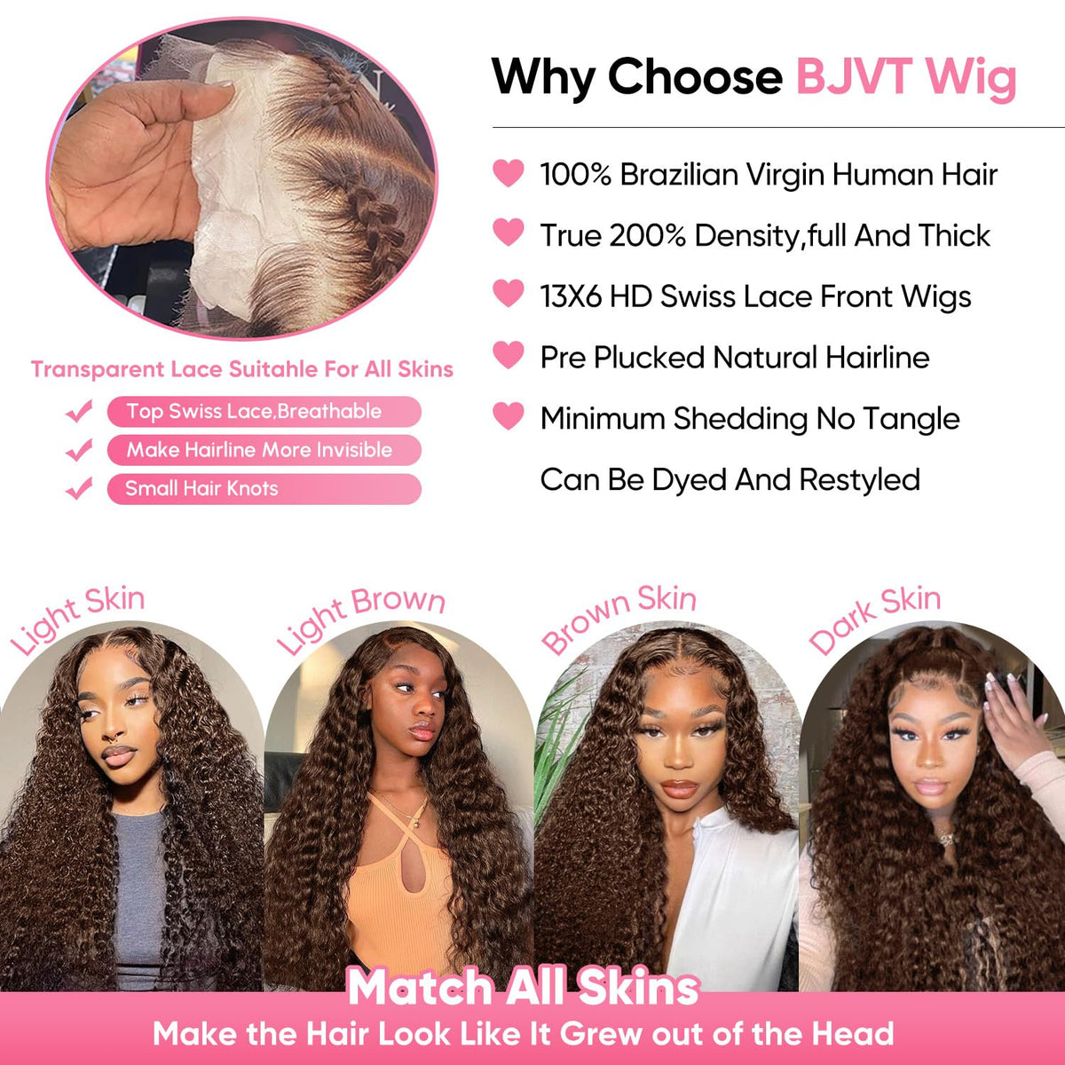 BJVT pre-plucked deep wave lace front wig in chocolate brown for ready styling