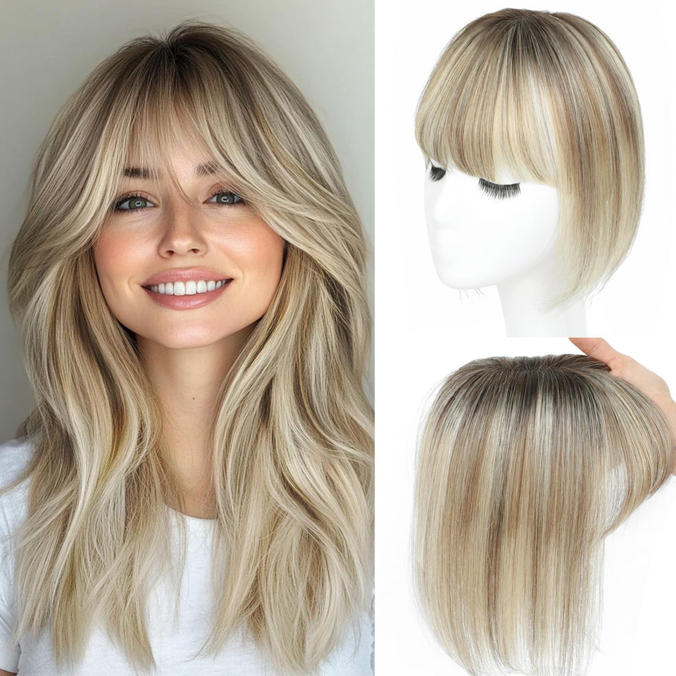 Black and Pretty hair toppers with bangs in ombre light brown highlights for natural volume.
