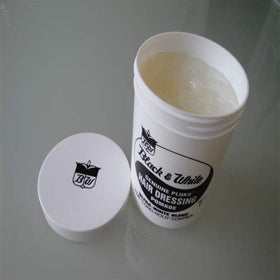 Packaging cap and jar of Black and White Pluko pomade for quick, mess-free use.