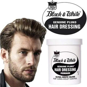 Black and White Pluko pomade defines textured hair for modern styling.