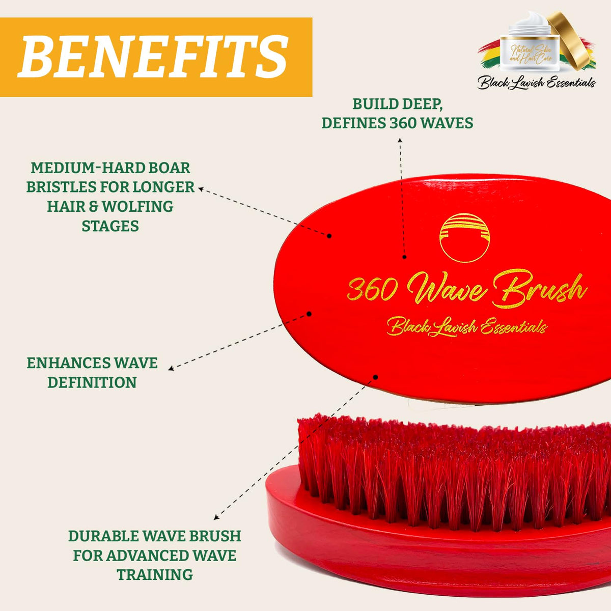 Black Lavish Essentials 360 Wave Brush bristle detail hard demonstrates firm contact for deeper waves