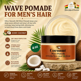 Black Lavish Essentials Ultra-Smooth 360 Wave Pomade enhances crown waves with strong hold