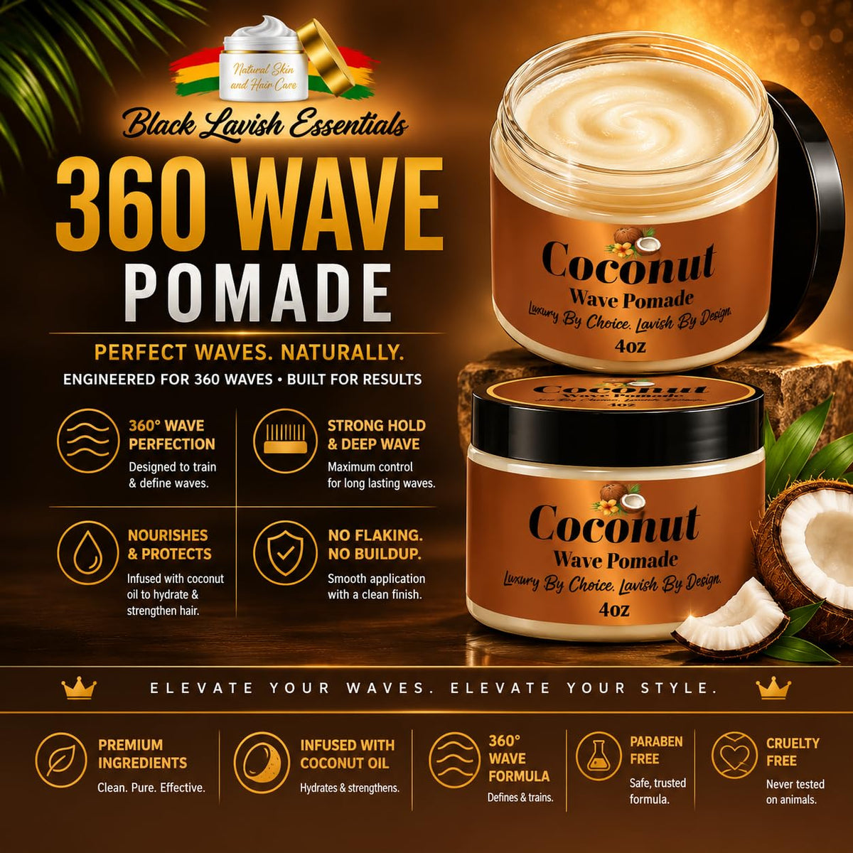Black Lavish Essentials 360 Wave Pomade being applied for defined, long-lasting waves