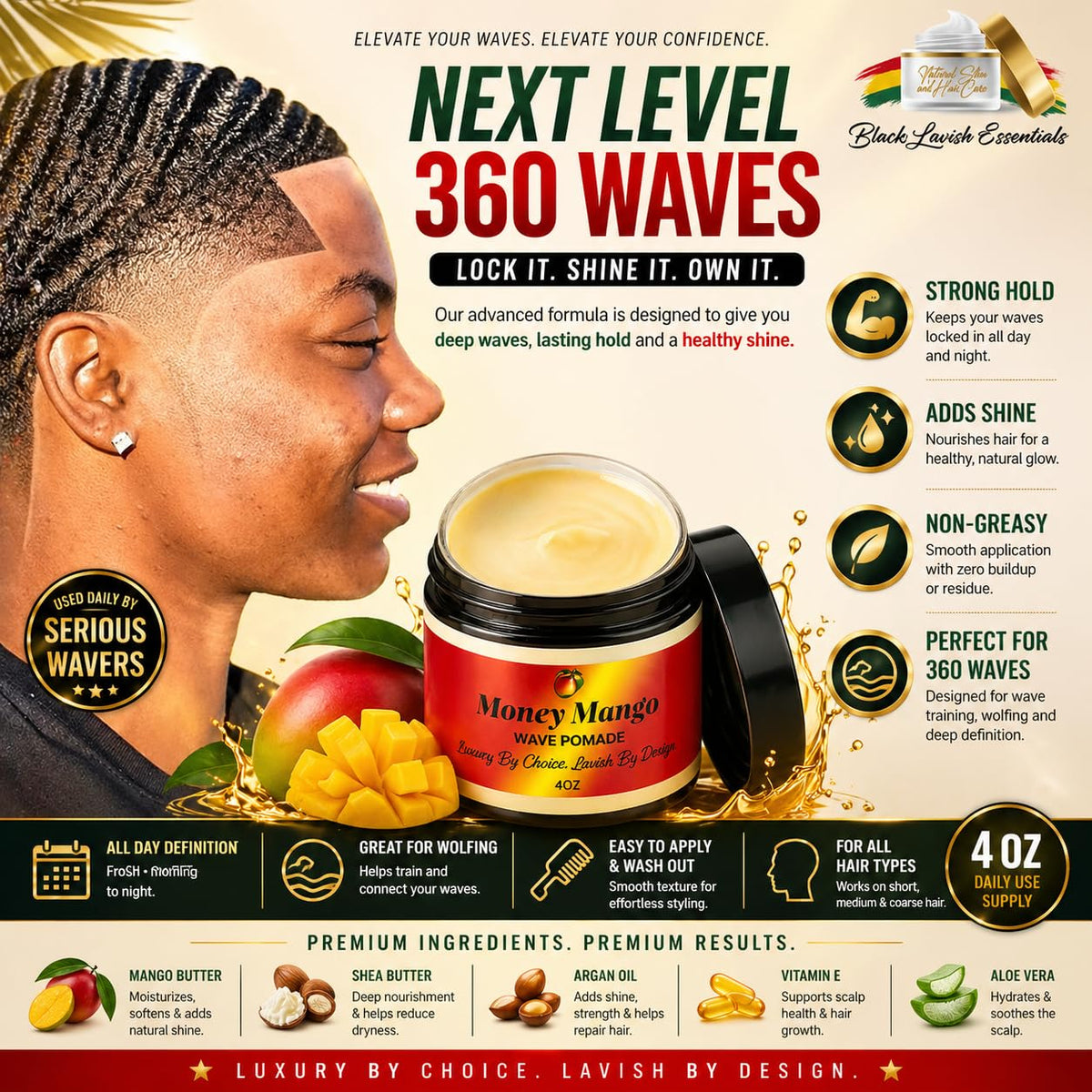 Black Lavish Essentials Money Mango Pomade deep waves enhanced with natural butters for shine.