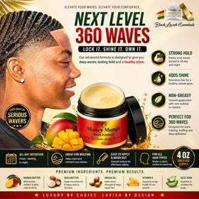 Black Lavish Essentials Money Mango Pomade deep waves enhanced with natural butters for shine.