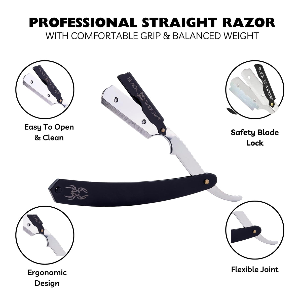 Black Widow razor with matte black chrome finish for a premium look