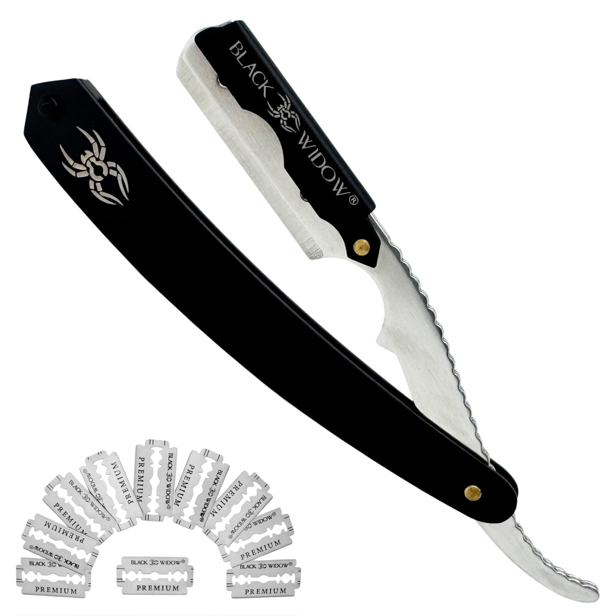 Black Widow shavette with stainless steel body for durability and precise lines