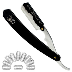 Black Widow shavette with stainless steel body for durability and precise lines