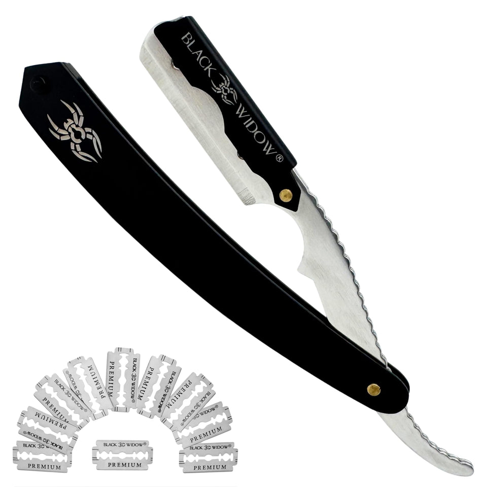 Black Widow shavette with stainless steel body for durability and precise lines