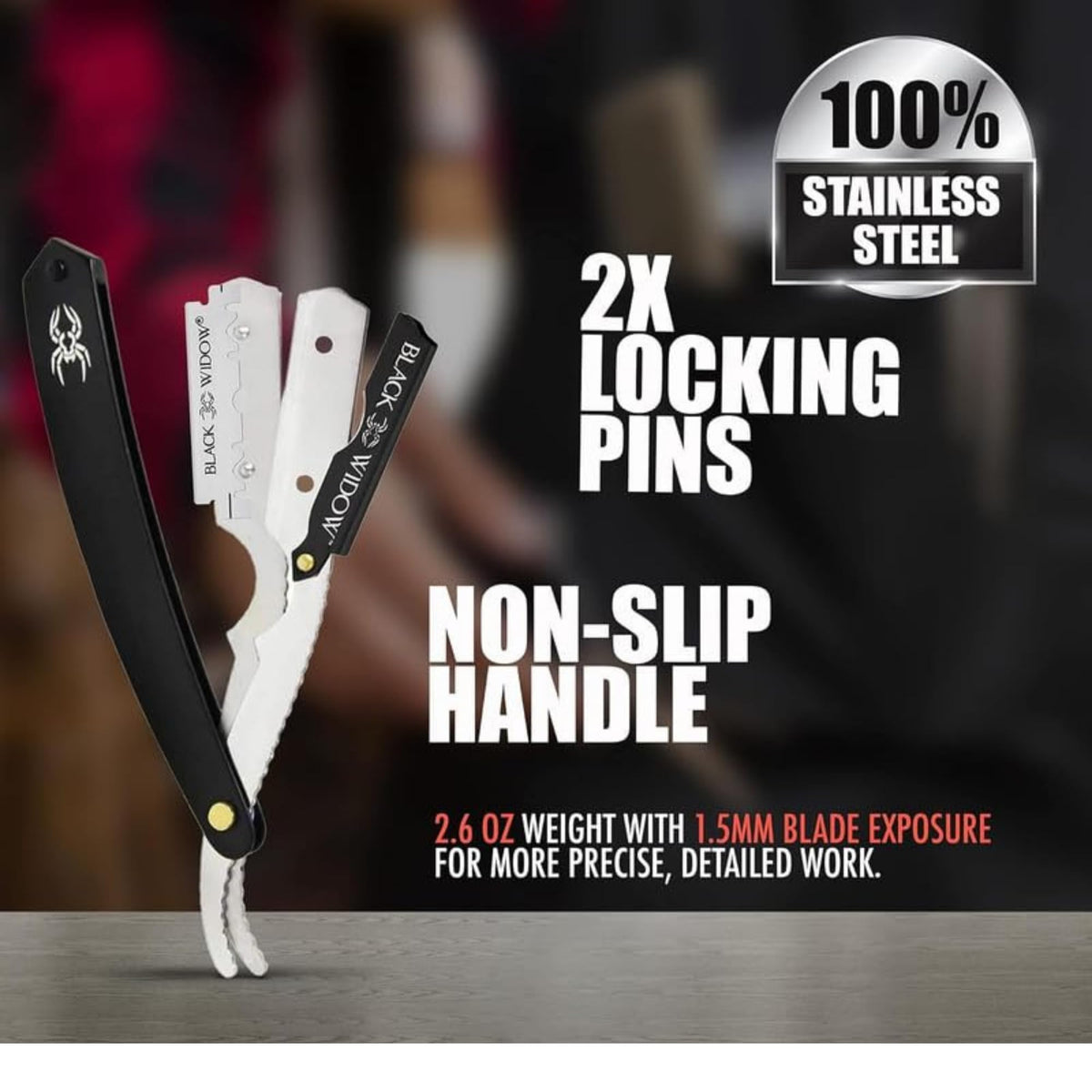Snap-in blades provide twenty single-edge uses with the Black Widow